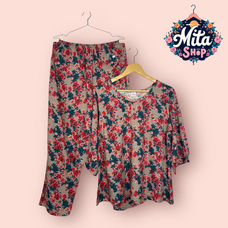 Đồ Bộ Trung Niên Quần Dài Tay Lỡ - Big Size 49-89kg - Họa Tiết Hoa Lá - Chất Vải Tole Nhung Mềm Mịn Thoáng Mát Thanh Lịch | Quần Áo Nữ Women