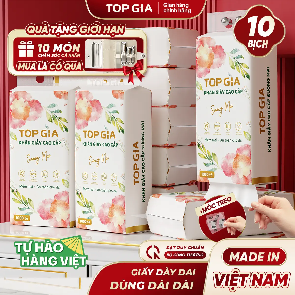 [MUA 10 TẶNG 10] Thùng 10 bịch Khăn Giấy Rút Đáy Sương Mai Tặng Set 10 Món Chăm Sóc Cá Nhân - 1000 Tờ 250 Lượt Rút 4 Lớp, Giấy SƯƠNG MAI Dập Vân 4D - Tờ Dai - Giấy Mịn Hơn, ĐẠT QUY CHUẨN CỦA BỘ CÔNG THƯƠNG VTG88