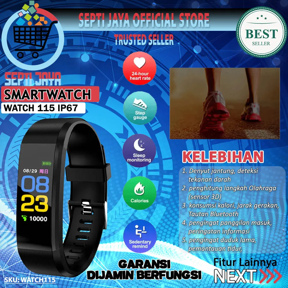 Jam Tangan Pintar Smart Watch 115 Plus Bluetooth Waterproof IP67 Tahan Air Smart Band Gelang Pintar Ori Fitnes Tracker Monitor Denyut Jantung Olahraga Lari Senam Gelang Elektronik Jam Tangan Kesehatan Smartwatch Smartband 115 Plus untuk Pria Wanita Layar