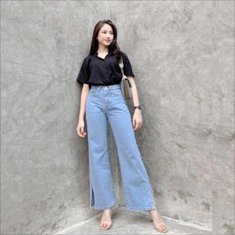 Product Introduction of Kulot Jeans Belah Samping Kulot Jeans Highwaist Eony Boyfriend Kantong Karet Celana Panjang Baggy 3