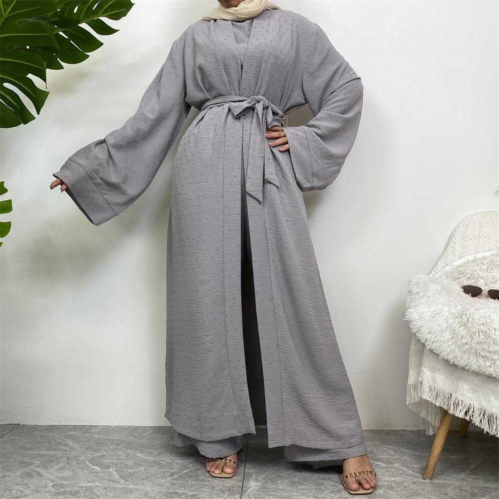 1958#3 PCS women cardigan set muslim open abaya sleeveless top and elastic waist loose pant with pockets sets - CHAOMENG MUSLIM SHOP