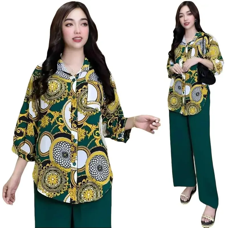 Setelan Wanita Crinkle MELISA LD 120 - Atasan Kemeja Oval Celana Lurus Bahan Crinkle Airflow - Muslim Tunik Kancing Casual Dewasa Motif Nyaman Panjang Baju Katun Standar Variasi Nyaman Panjang 0