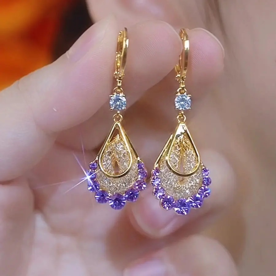 Mới sang trọng giọt nước vàng Earrings, màu tím Rhinestone thời trang khí quyển Earrings cho phụ nữ