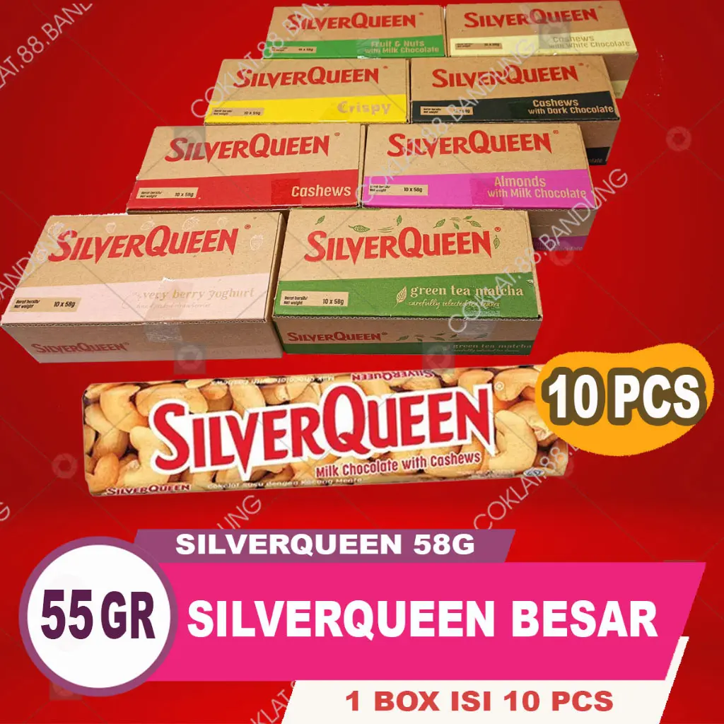 SILVRQUEEN 55GR EX 58GR 1 BOX ISI 10, COKELAT SILVER QUEEN 55 GRAM 10 PCS MEDE CHOCOLATE SNACK FOOD