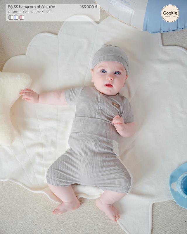 Bộ Quần Áo Sơ Sinh Cộc Tay Cookie Cạp Cao Phối Sườn Chất Babycorn Cho Bé Từ Newborn Đến 12 Tháng