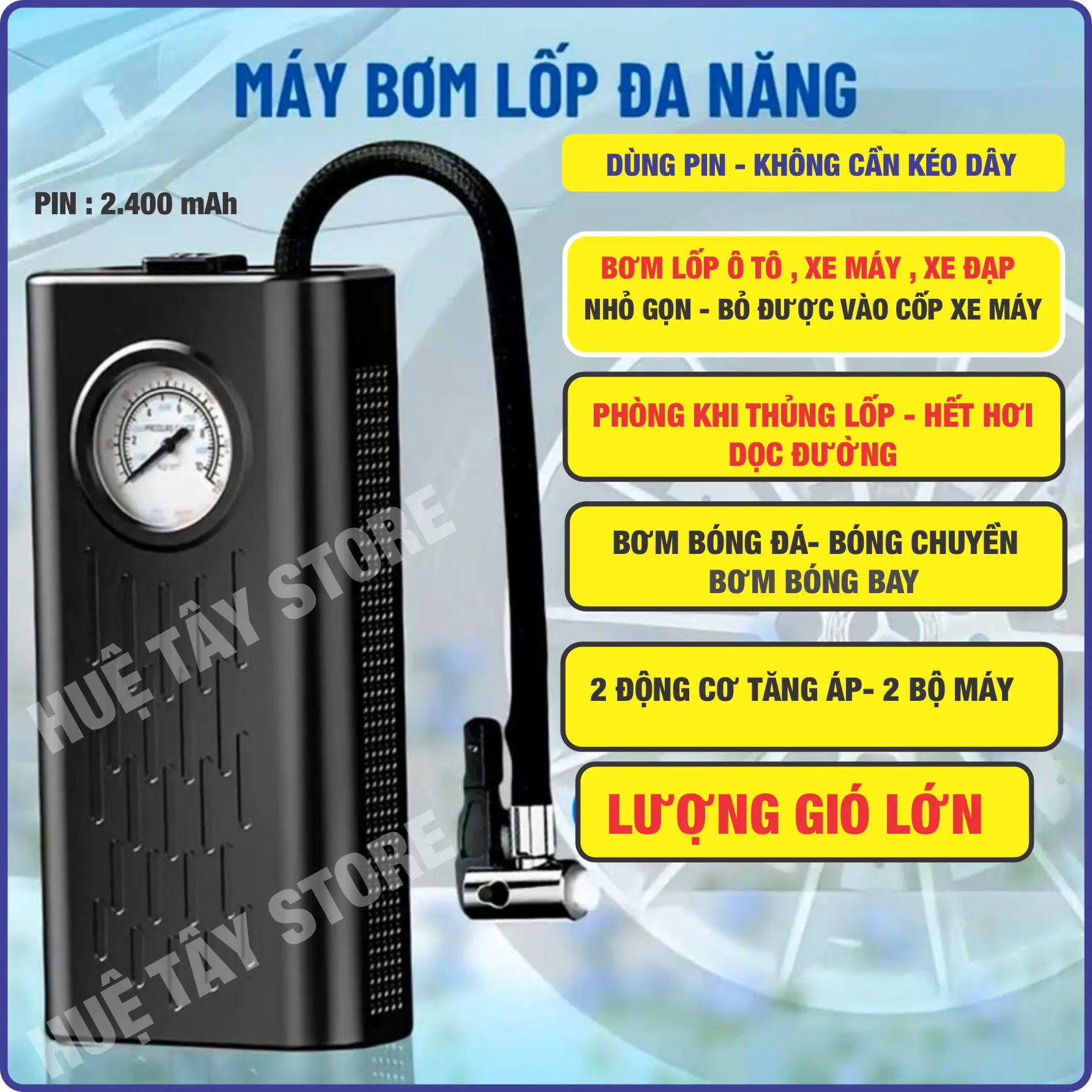 MÁY BƠM LỐP Ô TÔ, XE MÁY, XE ĐẠP, BÓNG, cầm tay, không dây, sạc USB, Ngắt tự động