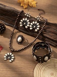 Conjunto de Joyería Decorada con Turquesa Estilo Boho, Collar con Colgante Vintage, Aretes, Anillo y Pulsera, Accesorios de Moda para Mujeres y Niñas
