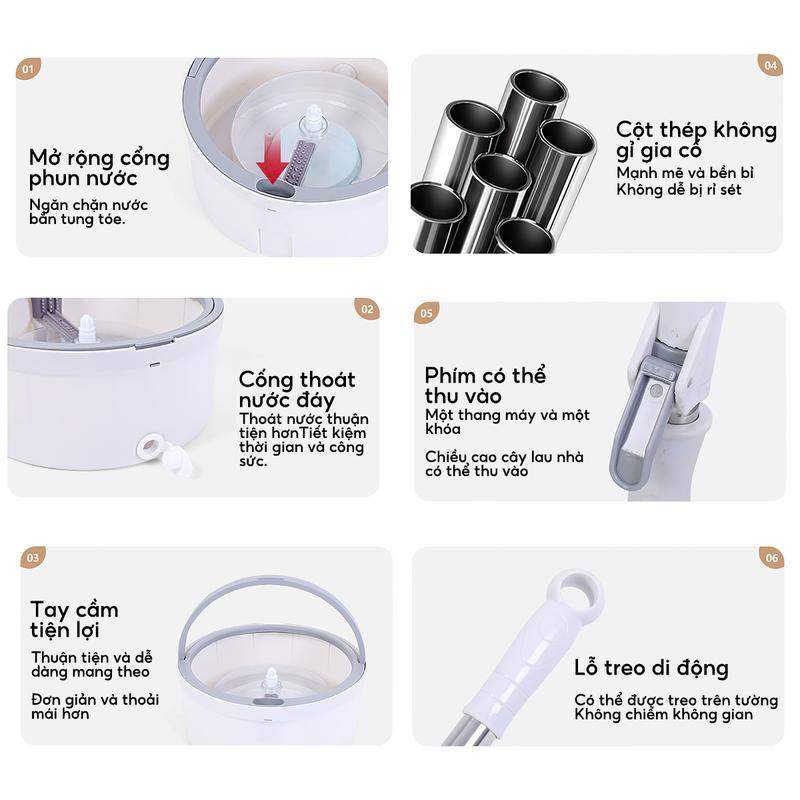 Cây lau nhà phẳng riêng biệt, gia dụng, lau nhà sạch sẽ, thấm nước khô rảnh tay, bộ xô lau nhà xoay thùng nhựa abs xoay được 360 độ cây lau nhà 8