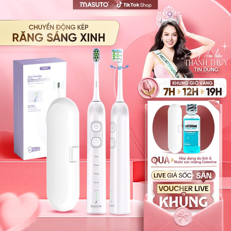 Bàn chải điện Masuto MSWaveSonic BESTSELLER HB - Công nghệ chuyển động kép SonicTwist đột phá, 2 đầu bàn chải, 4 chế độ vệ sinh, 3 cấp độ xoay, nhỏ gọn, chống nước, Bảo hành 24 tháng