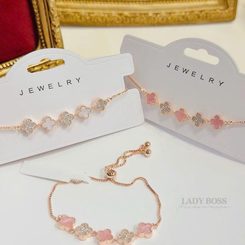 Lắc Tay 4 Lá 2 Mặt Trắng Hồng Dây Rút Size Mini 0.7mm Tiểu Thư Xinh Xắn Chất Liệu Đồng Trắng Cao Cấp Lady Boss Accessories LT21