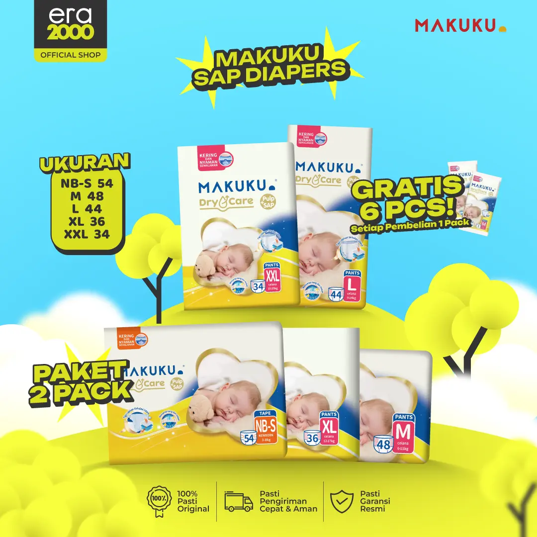 [2 BALL] Makuku Dry Care SAP Diapers Tape/Pants NB-S38/M30/L28/XL24/XXL22| Popok Bayi Tipis Cepat Kering Pampers Anti Gumpal Tipe Perekat dan Celana Anti Ruam