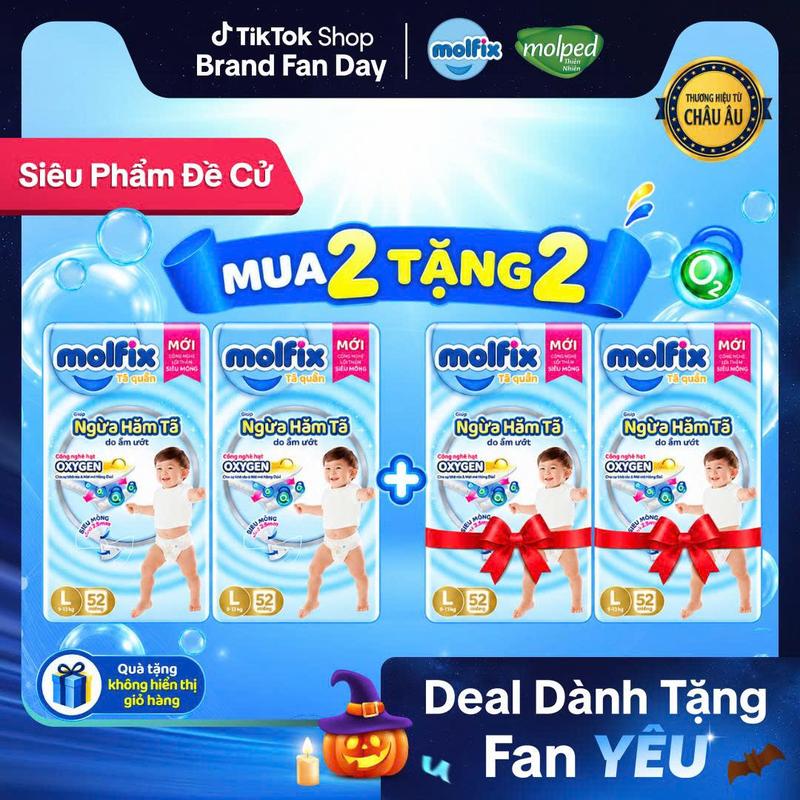 Tổng 4 gói Tã/bỉm quần Molfix Oxy Super Jumbo giúp Ngừa Hăm Tã đủ các size M,L,XL,XXL,XXXL