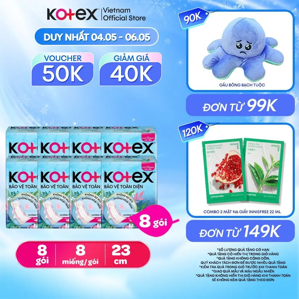 Lốc 8 Gói băng vệ sinh Kotex Hỗ trợ Bảo Vệ 23cm Siêu Mỏng Cánh 8 miếng/ gói