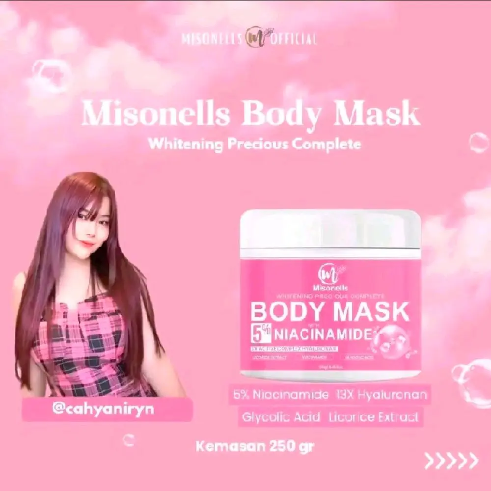 Misonells Body Mask Whitening 5% Niacinamide & 13X Hyluronan Mencerahkan & Melembabkan Kulit 250gr - Masker, Halus