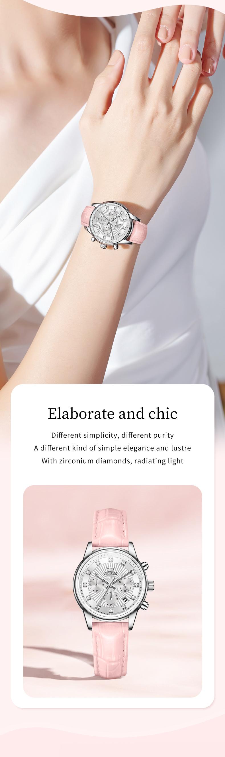 Product Introduction of OLEVS Original Quartz Watch for Women Mother's Day Gift Waterproof Chronograph Leather Strap Calendar Korean Style Fashion Stainless Steel Ladies Wristwatch Box 3669 23