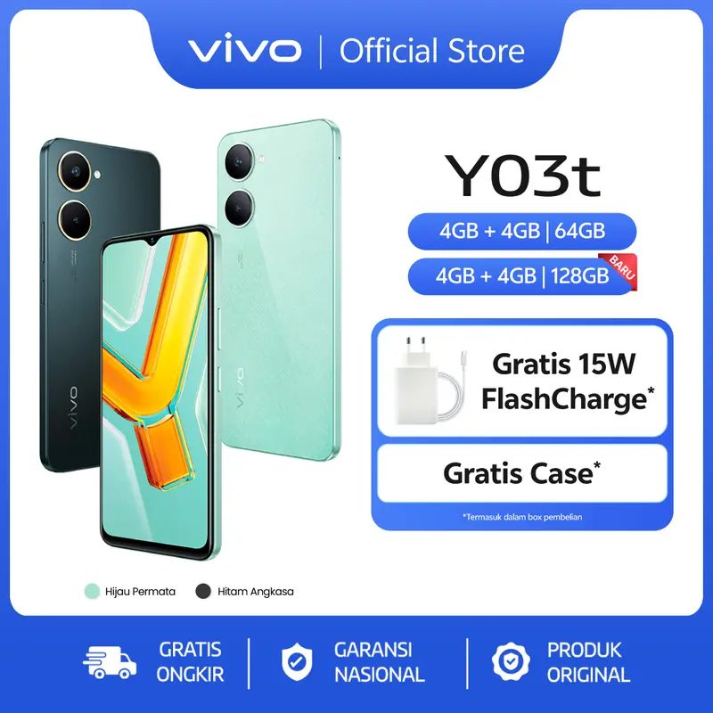 vivo Y03t - IP54 Tahan Air, AI Dual Camera 5000mAh + 15W FlashCharge, Layar Sunlight 90Hz