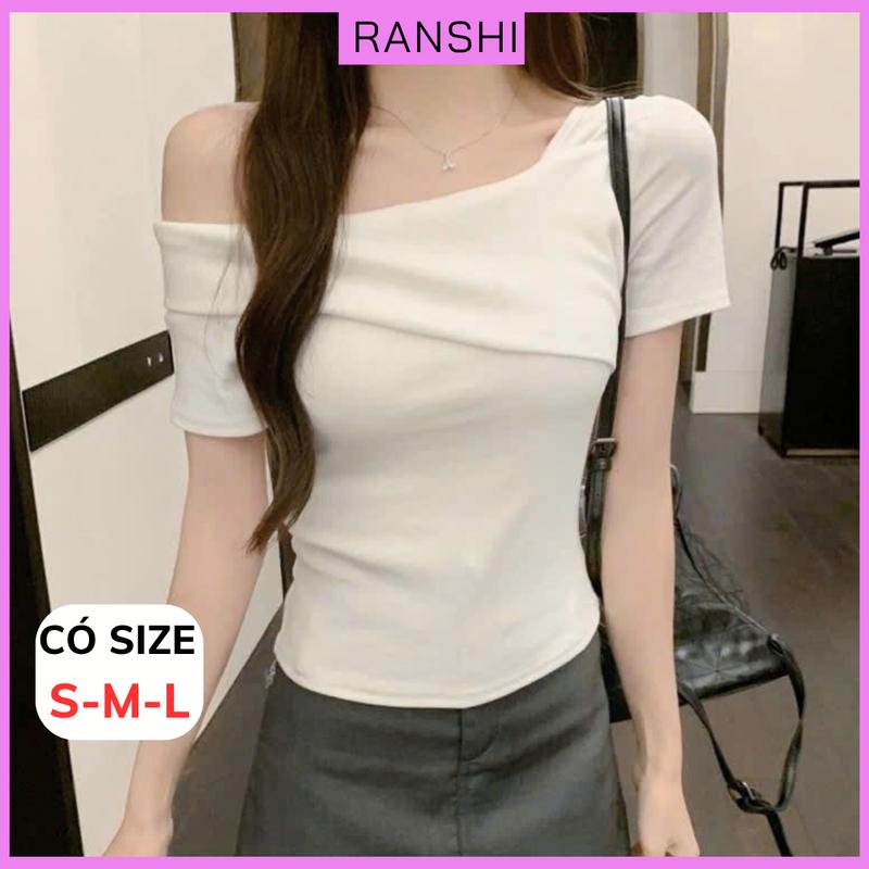   CÓ SIZE  Áo Thun Nữ Lệch Vai Ngắn Tay Ôm Body RANSHI Áo Trễ Vai 1 Bên Chất Thun Tăm Lạnh - RA316 Nữ Women Top 