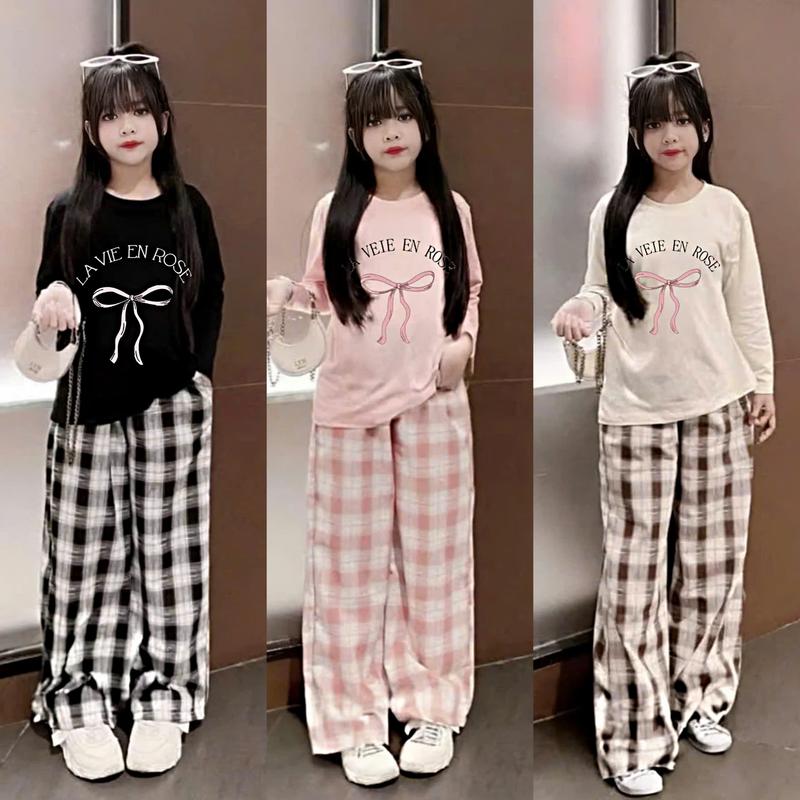 (Không Túi)Set Bộ Quần dài Kẻ đi kèm Áo in Nơ và Chữ LaVieDeRose cực Xinh và HótHít dành cho bé gái từ 14-50Kg chất Cotton