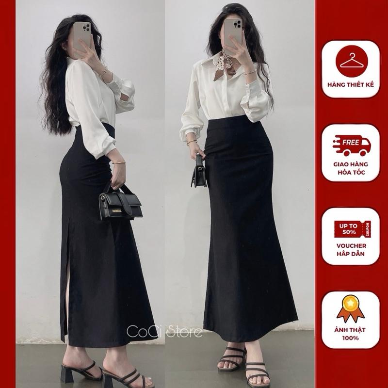   V01  Chân Váy Xẻ Đuôi Cá dáng dài 90p - khóa sau có xẻ - Umi co giãn bốn chiều tôn dáng 