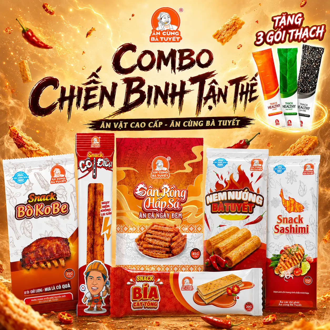 (Tặng 3 gói thạch) Combo CHIẾN BINH TẬN THẾ gồm: 6 gói nem nướng bà Tuyết+ 6 gói snack sashimi + 6 gói snack bò kobe + 6 gói snack bìa cát tông + 6 gói cột điện + 3 gói snack gân rồng + 6 thạch healthy - Ăn Cùng Bà Tuyết M3