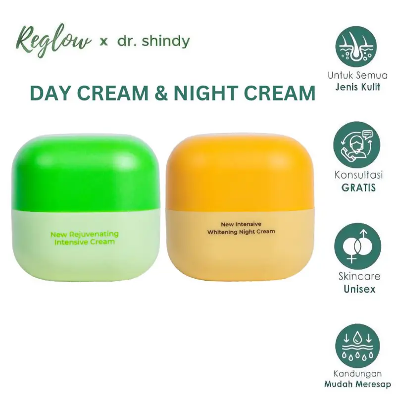 Reglow Whitening Intensive Cream Paket 2 Pcs Cream Siang dan Malam  Hyaluronic  Acid   Flek Hitam Pencerah Original by dr.Shindy Perawatan Kulit  Kusam Untuk  Mencerahkan Wajah