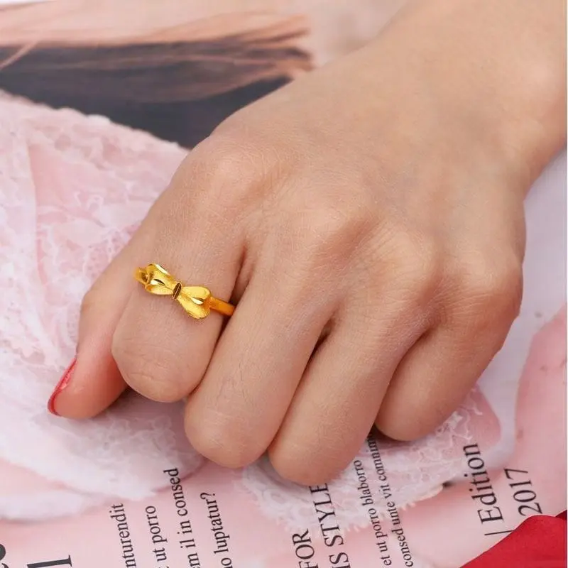 Cincin wanita elegan model bowknot, pasir emas asli tidak luntur, cincin pelajar, cincin pertunangan kado ulang tahun(VJZ-001)