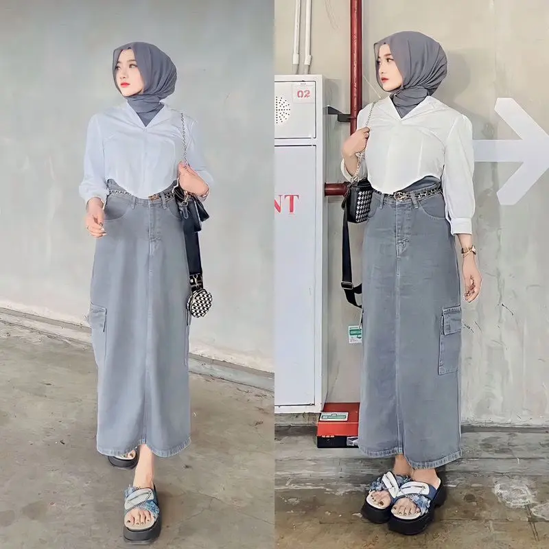 Rok Jeans Cargo Span Wanita Kekinian Belah