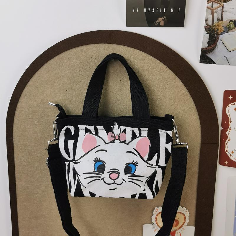 Product Introduction of GENTLEWOMAN Soft women sling bag, Thai cute cat design, zipper closure, 2 colors available (white and black), made of canvas, suitable for women 8