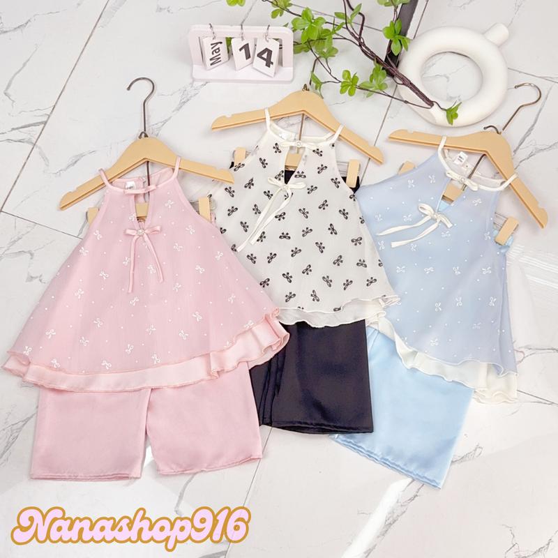  Nanashop916 - Set Yếm Bé Gái Quần Lụa Lụa Đũi Sớp Tơ Mềm Mịn  9–22kg dưới 1m15  – Màu Hồng Xanh Đen 