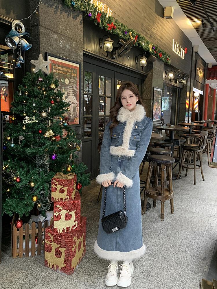 Product Introduction of Fujia Qianjin-Áo Khoác Denim Chần Bông Dày Lót Lông Cừu Cho Nữ, Váy Cạp Cao, Trang Phục Thời Trang Mới Mùa Đông 2023 31