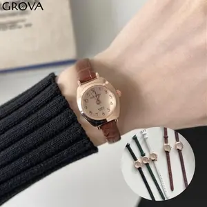 GROVA Jam Tangan Quartz Strap PU Analog Casual Gaya Retro Wanita Bulat Watch Korean Fashion RM201