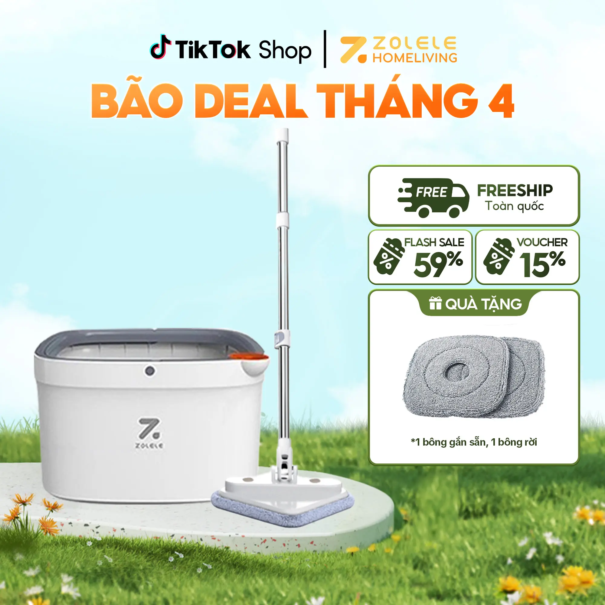 Bộ Cây Lau Nhà 360 Độ Tự Vắt 2 Ngăn Tách Riêng Nước Bẩn  Zolele M16 Lau Sàn Làm Sạch