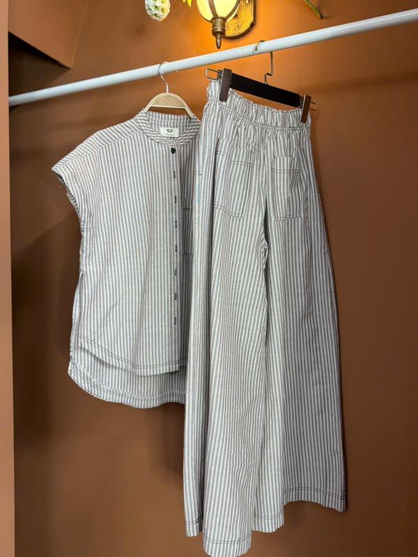  S216 Set Đồ Nữ Áo Cổ Trụ Tay Con Vạt Lệch Và Quần Suông Dài Lưng Thun Chất Liệu Linen Thô Freesize 