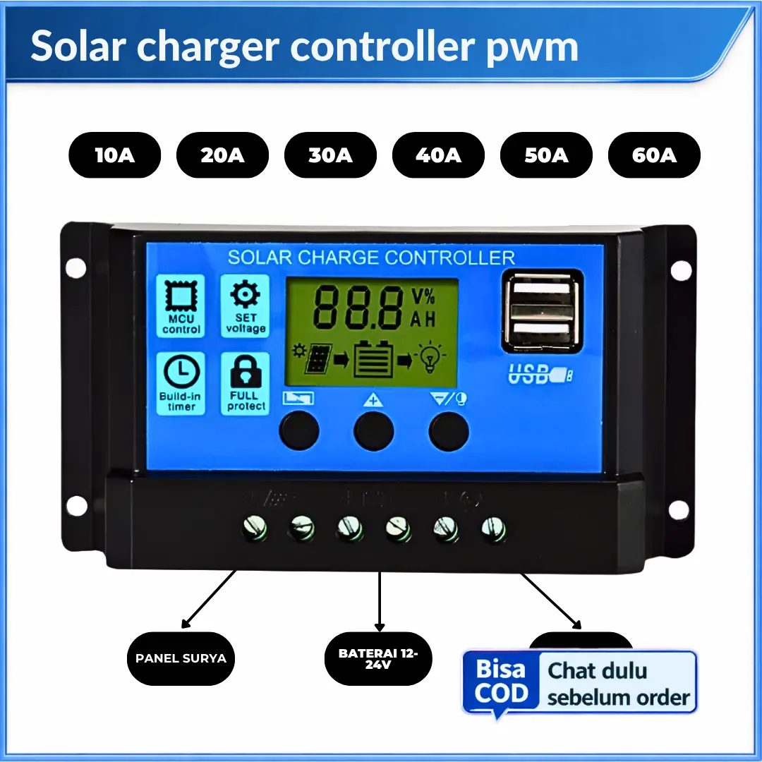 Solar Charge Controller 10A 20A 30A 40A 50A 60A Cell PWM Pengisi Daya Baterai AKI 12V/24V Pengontrol Baterai Charger Panel Surya Kabel