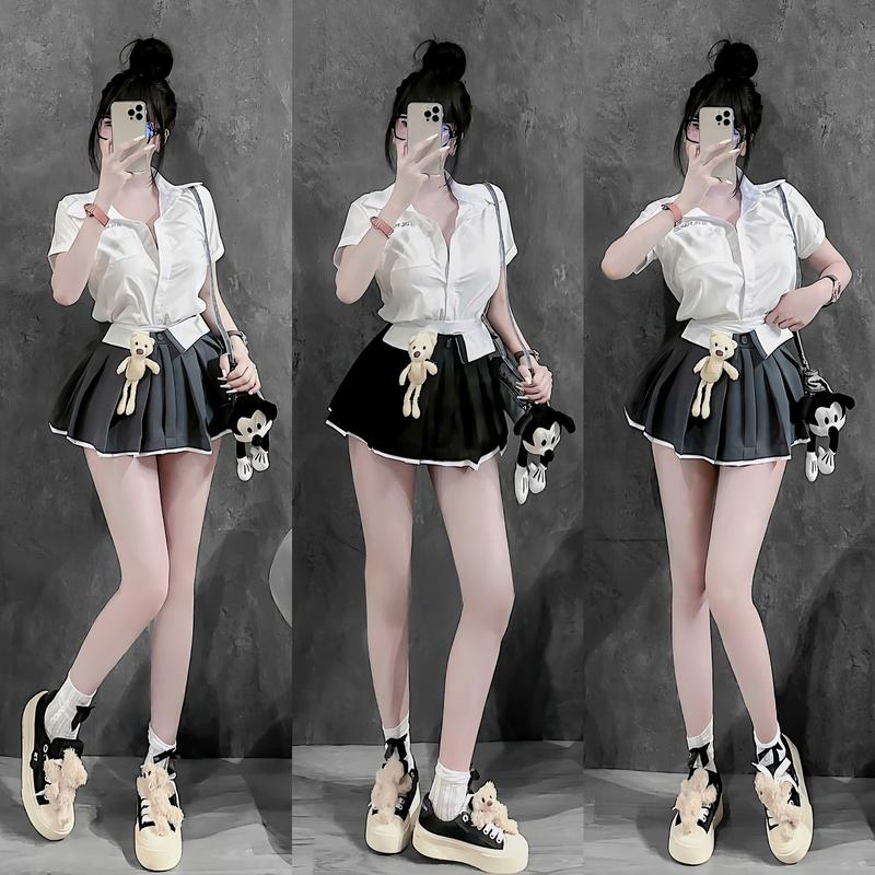 ( Kèm Gấu ) Set Sơ Mi Ngắn Tay Nắp Túi Mix Chân Váy Xếp Li Ngắn Kèm Quần Top Nữ Women