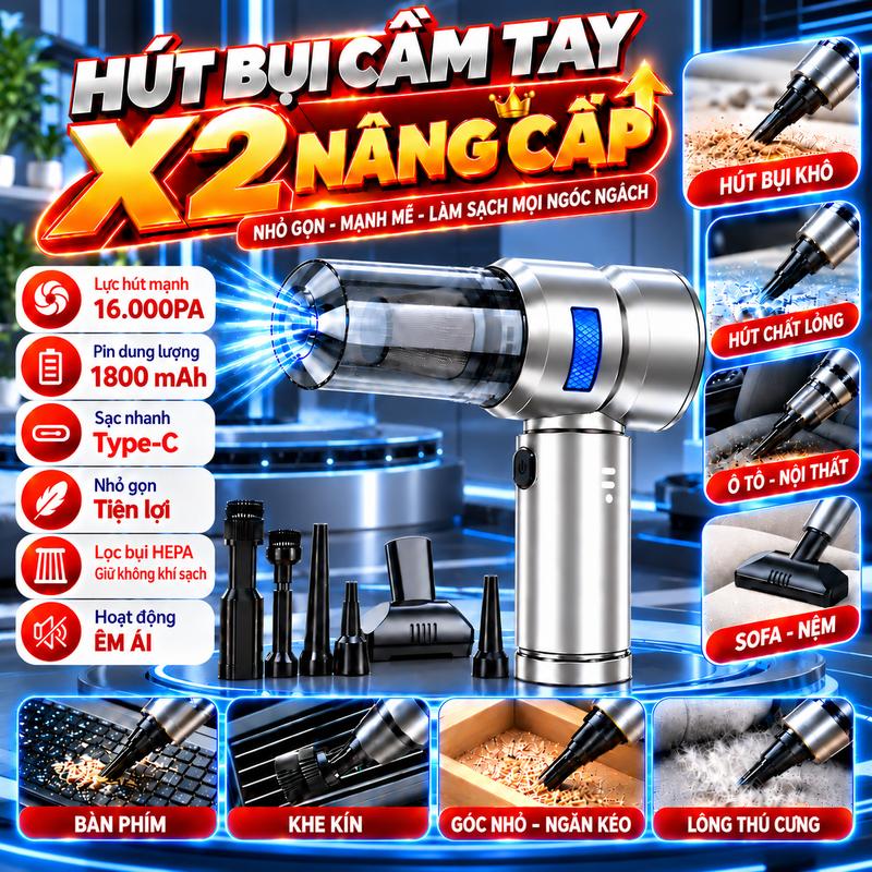 Máy Hút Bụi Cầm Tay Cao Cấp , Có Đầu Thổi Bụi 2in1 , Lực Hút 16000PA , Hút Bụi Ôtô , Hút Lông Chó Mèo
