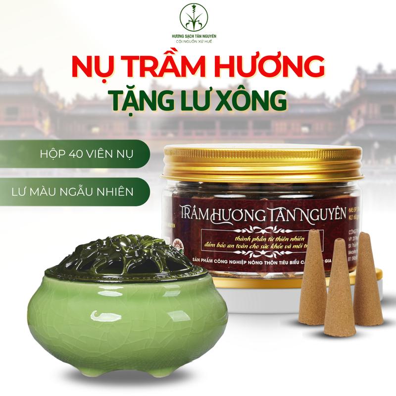 [TẶNG LƯ XÔNG GỐM] Nụ Trầm Hương Tân Nguyên Hộp Nắp Nhôm 40 Viên, Trầm Sạch Huế Nguyên Chất Tự Nhiên OCOP 4 Sao - Thơm Tự Nhiên, Thư Giãn, Xông Phòng, Dùng Cúng, Thiền, Khử Mùi, Thanh Lọc Không Khí, Dễ Ngủ, Tĩnh Tâm, Khử Ẩm Mốc, Dầu Thơm Phòng