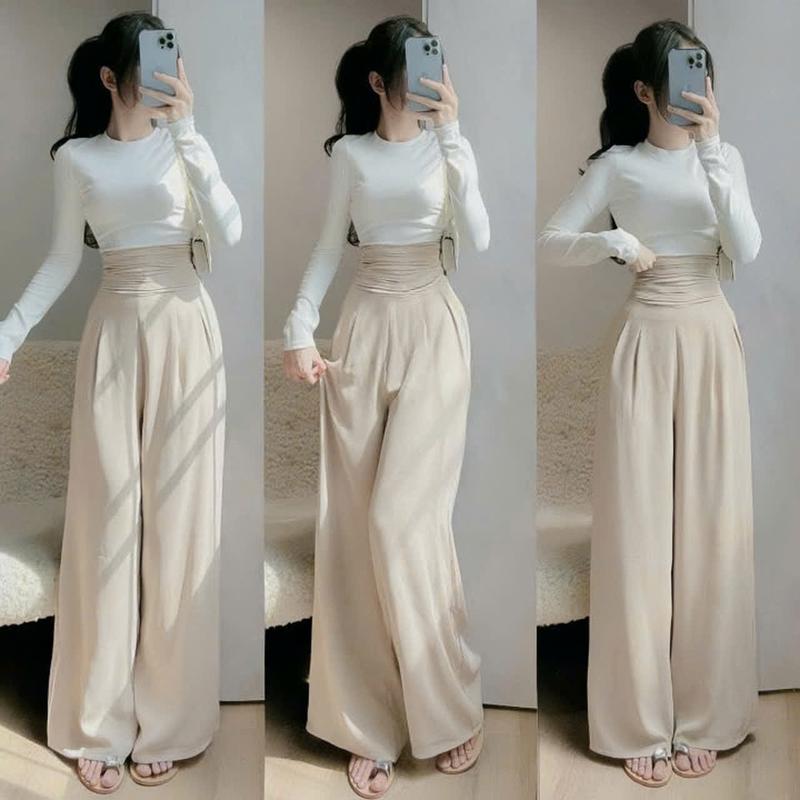  Set bộ nữ áo tăm gân tay dài cổ tròn mix quần cotton lạnh lưng thun khóa kéo dáng dài xinh xắn dành cho các nàng diện di chơi. 