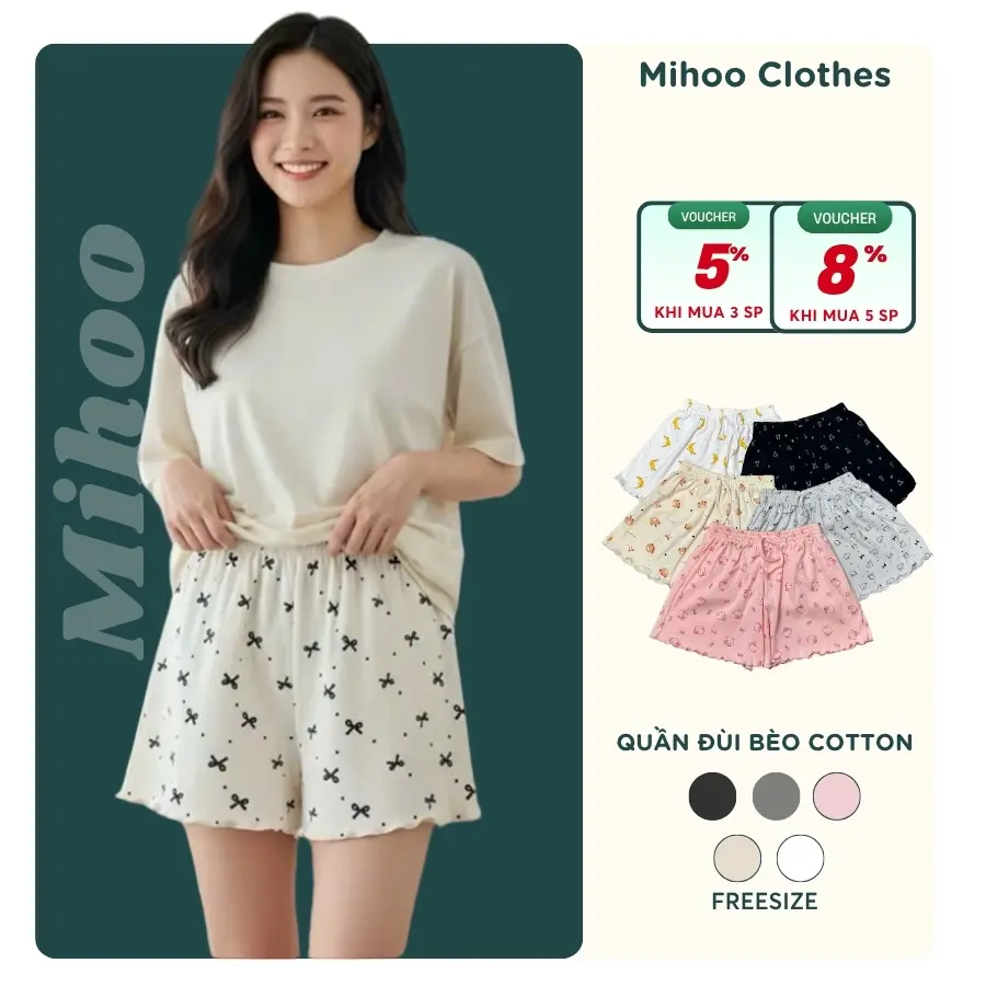 Quần đùi cotton, quần ngủ nữ chất cotton mềm mại, hoạ tiết dễ thương