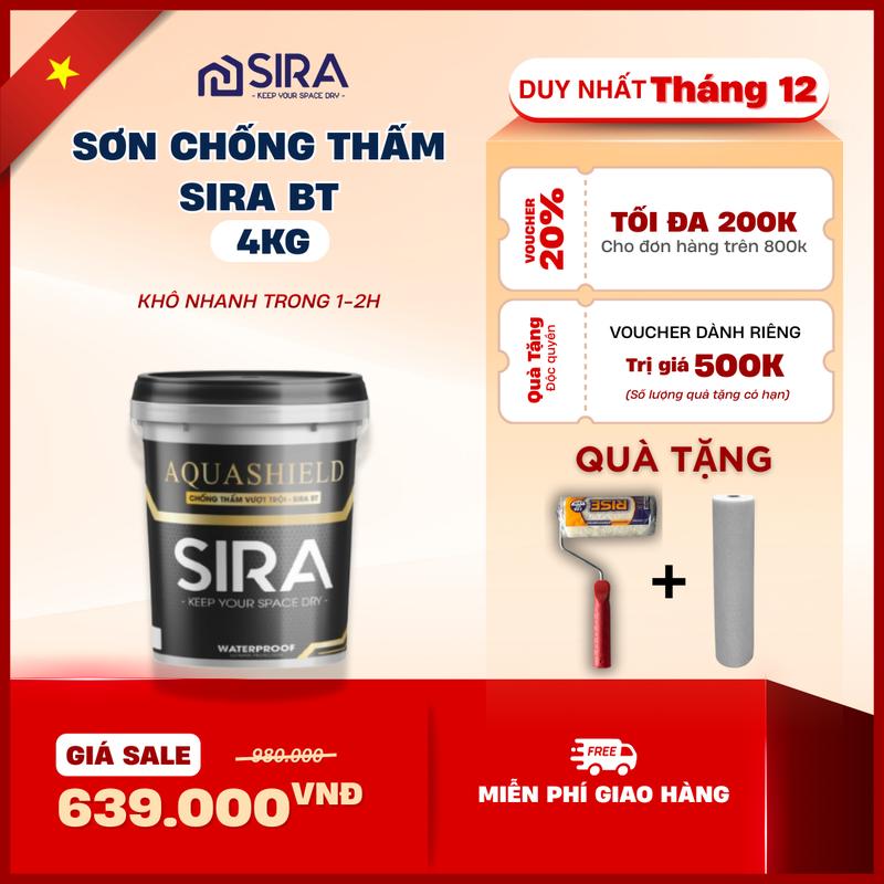 4KG SIRA BT Sơn Chống Thấm Gốc Nhựa Đường Bitum Đen- Chống Thấm Rỉ Mái Tôn Bể Cá Sàn Âm Giáp Ranh Vượt Trội - Tặng Kèm Lăn + Lưới Thuỷ Tinh - LƯU Ý OS GHI KHÔNG DÙNG CHO MÁI TÔN