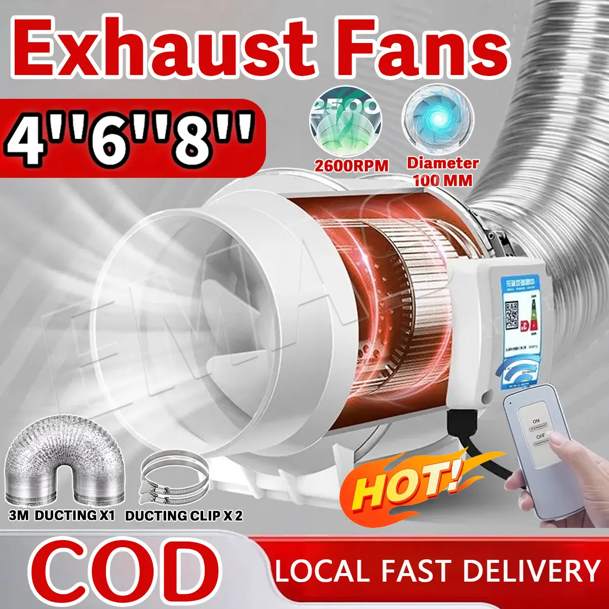 4 " 6" 8 "Kipas Angin Buang Diam Ekstraktor  Exhaust Fan Tekanan Meningkatkan Fan Ventilator Kamar Mandi Ventilasi Udara Dinding Jendela Toilet Mountable Ekstrakto Blower Ventilasi 220V Blower Hisap Untuk Kamar Mandi Dapur Inline Duct Fan Blower