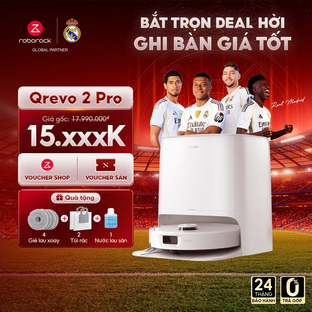 Roborock Qrevo 2 Pro Robot Hút Bụi Lau Nhà | Lực hút 25.000Pa | Lau xoay kép FlexiArm | Chổi cạnh đảo chiều | Chổi chống rối DuoDive | SmartPlan 3.0 AI | Bảo hành chính hãng 24 tháng