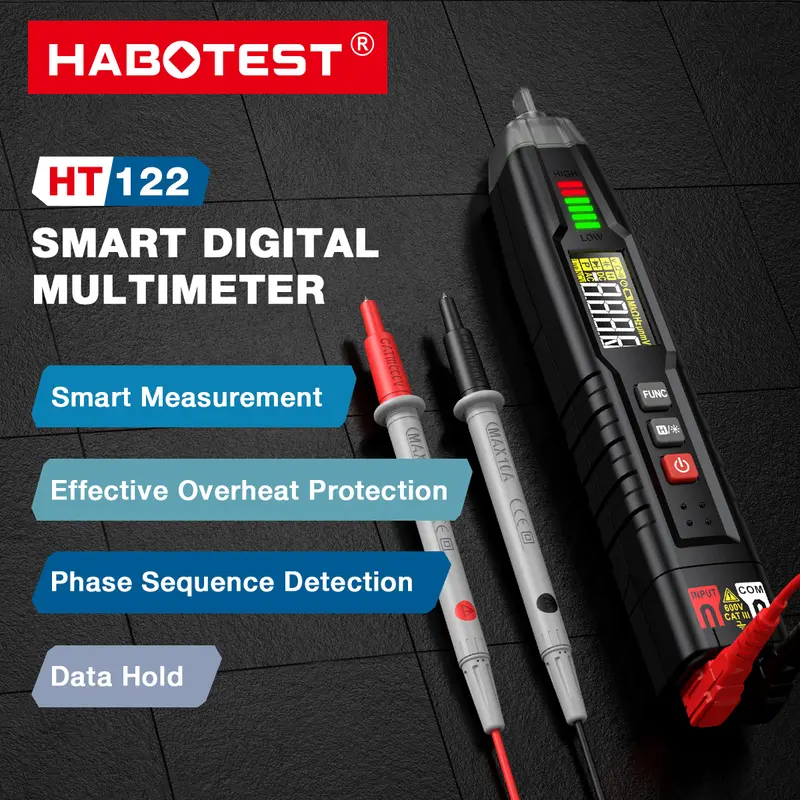 HABOTEST-Đồng Hồ Vạn Năng Loại Bút Kỹ Thuật Số HT122, Máy Kiểm Tra Điện Áp Xoay Chiều DC, Đồng Hồ Vạn Năng Thông Minh, Trình Tự Pha NCV, Đồng Hồ Vạn Năng Phạm Vi Tự Động 0