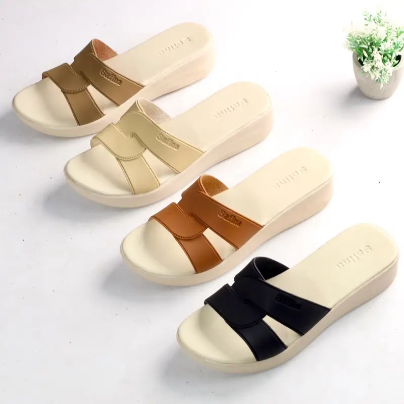 SAFINA Vienna Sandal Wanita Slip On / Selop Sol Tatak Putih Cream Beige - Model Sandal Wanita Selop / Kokop Model X Sol Krem Ivory Shoes Sendal Kerja