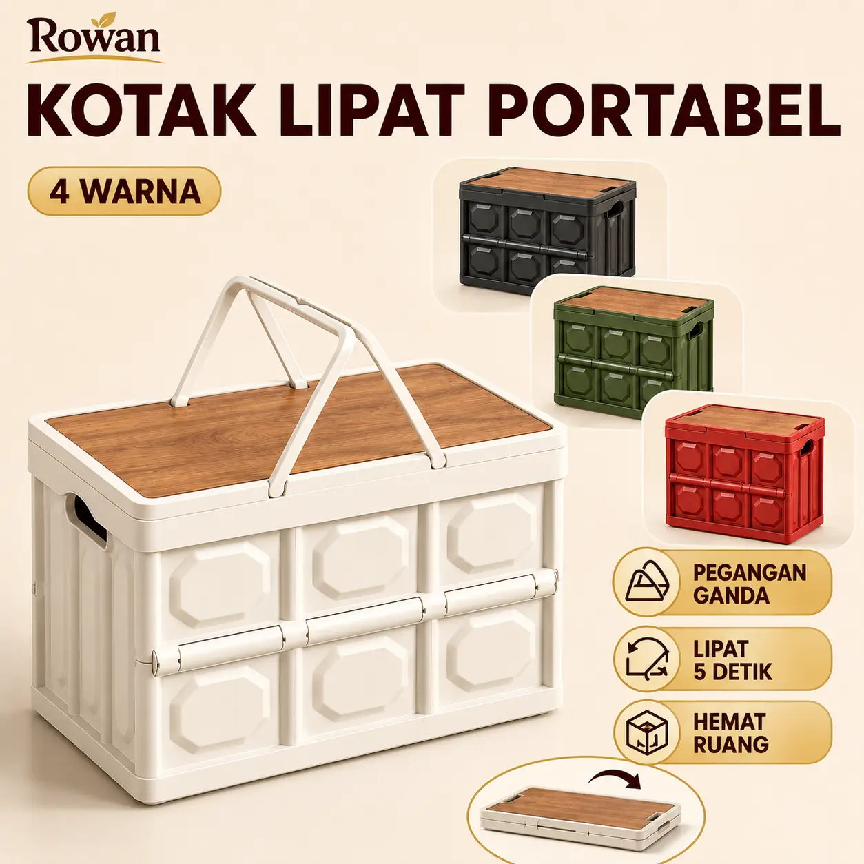 Kotak Penyimpanan Lipat Mobil Dengan Pegangan Ba han Tutup Motif Kayu Storage Portabel Untuk Camping Piknik ah Tangga - Kecil - putih