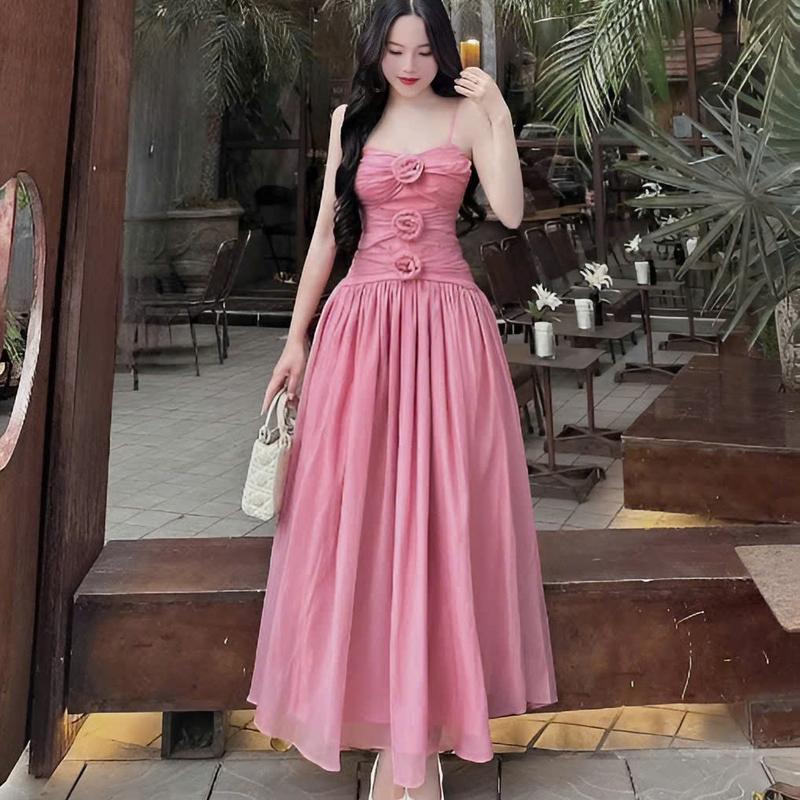 Sét đầm váy nữ tơ nến 2 lớp thiết kế 2 dây cổ yếm kết 3 bông mix chân váy xòe dài xinh xắn dành cho các nàng diện đi chơi đi tiệc 4