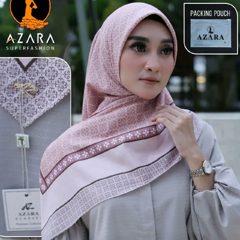 Hijab Segiempat Motif Azara Sultan Kemasan Pouch Ukuran Standar Bahan Voal Premium Logo manik manik mewah 2