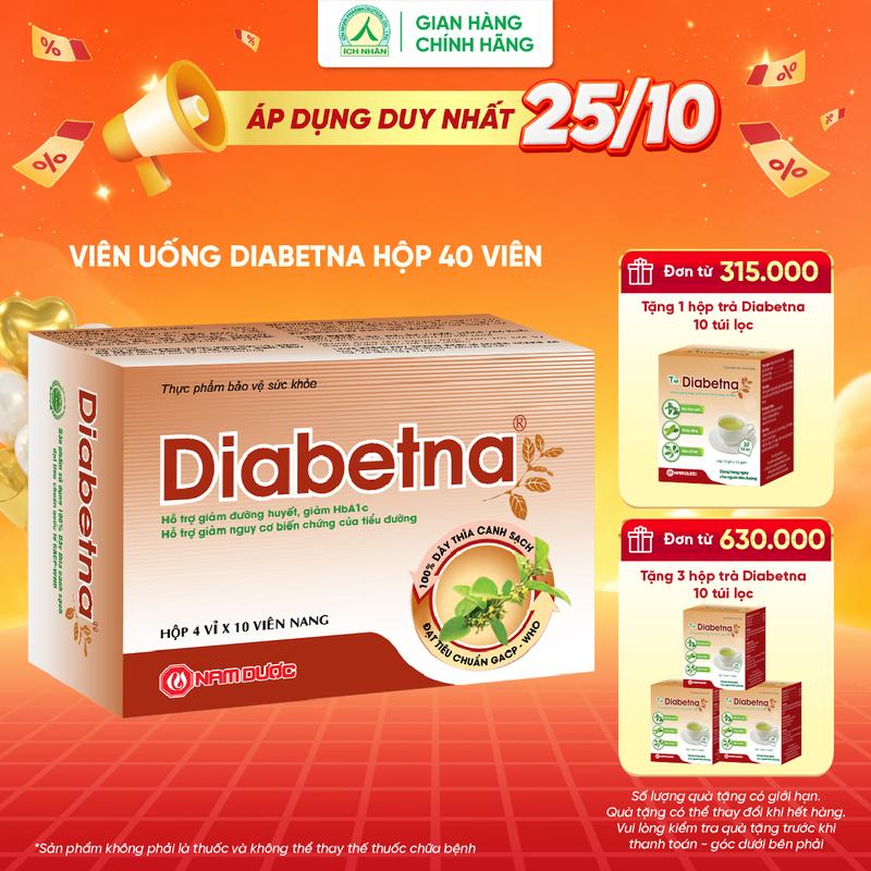 Viên uống dây thìa canh Diabetna Ích Nhân giúp ổn định đường huyết, tăng cường sức khoẻ cho người tiểu đường - Hộp 40 viên