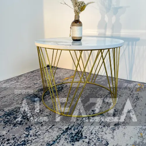 Meja tamu V3 aesthetic motif marmer, Meja ruang tamu bulat minimalis set aesthetic Furniture Besi Table