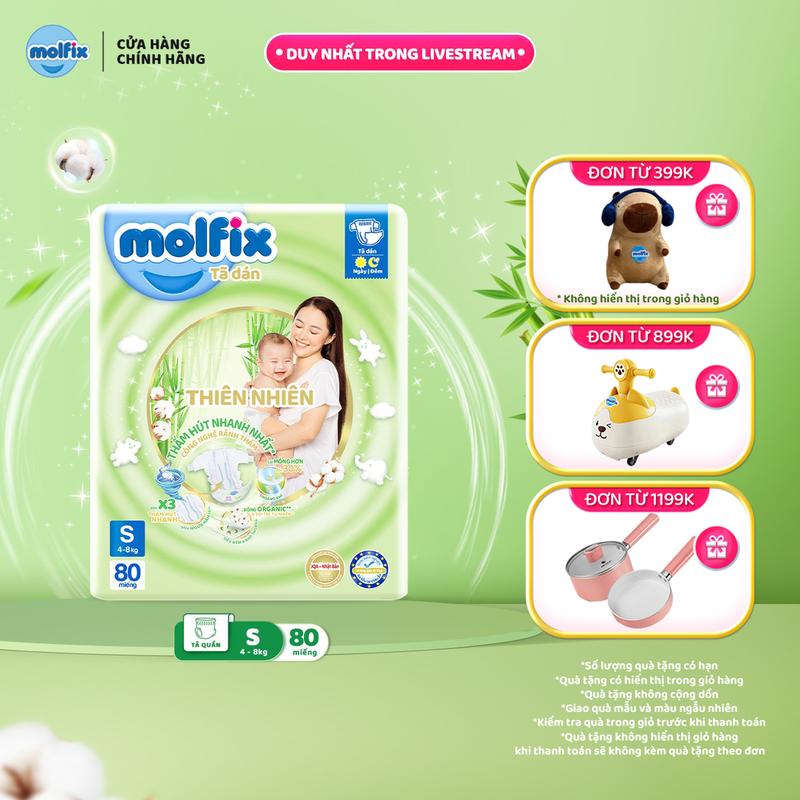[Bao bì thay đổi theo từng đợt nhập hàng] M08 - [BAO BÌ MỚI] Tã/Bỉm Dán Molfix Thiên Nhiên Super Jumbo Với Sợi Tre Tự Nhiên Và Bông Organic Thấm Hút, Mềm Mại Luôn Khô Thoáng Cho Bé - 5 Size S/M/L/XL/XXL (4kg - 25kg)